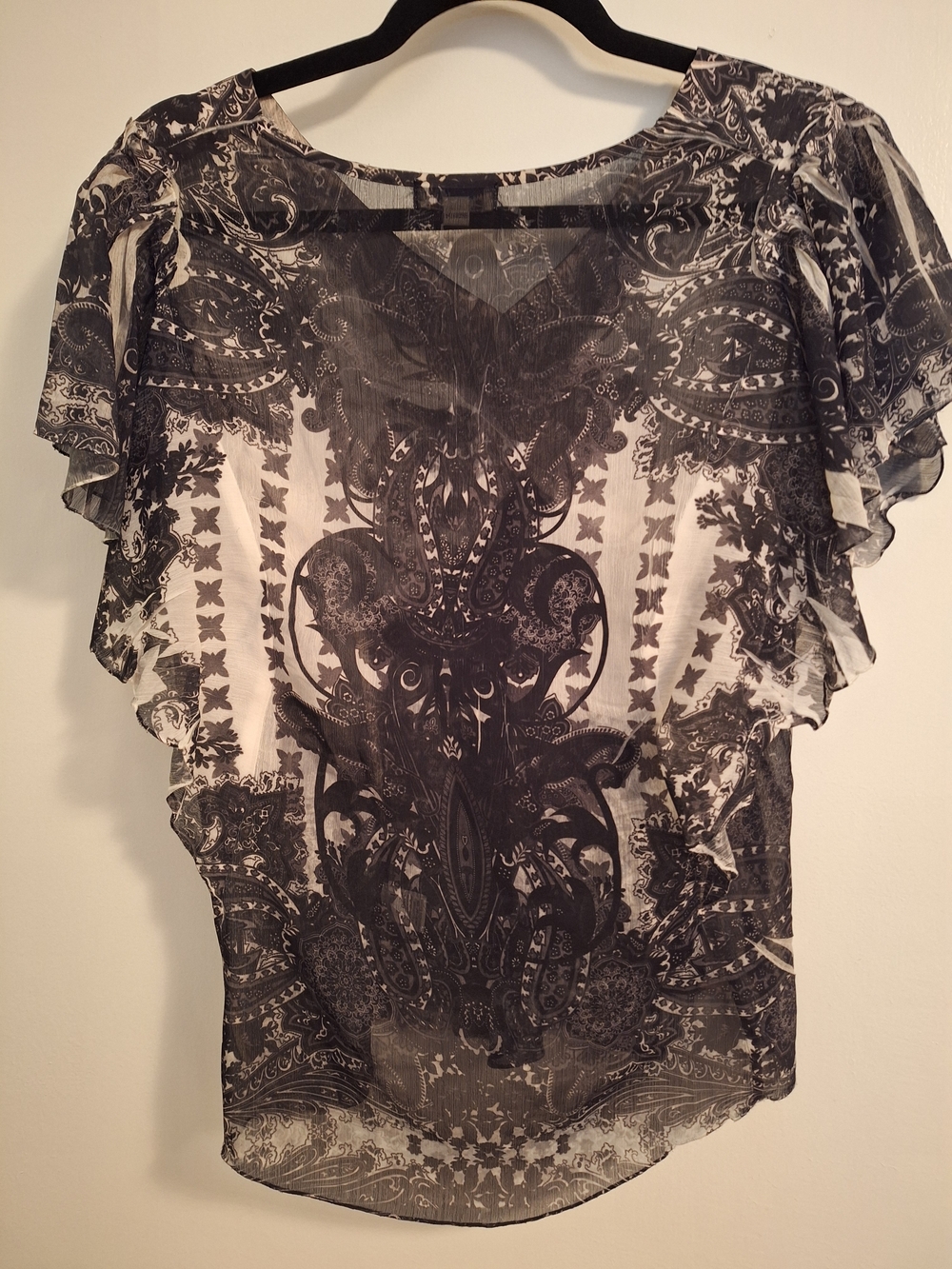 ONE WORLD Black & White Paisley Sheer Flutter Sleeve Blouse - Picture 2 of 4